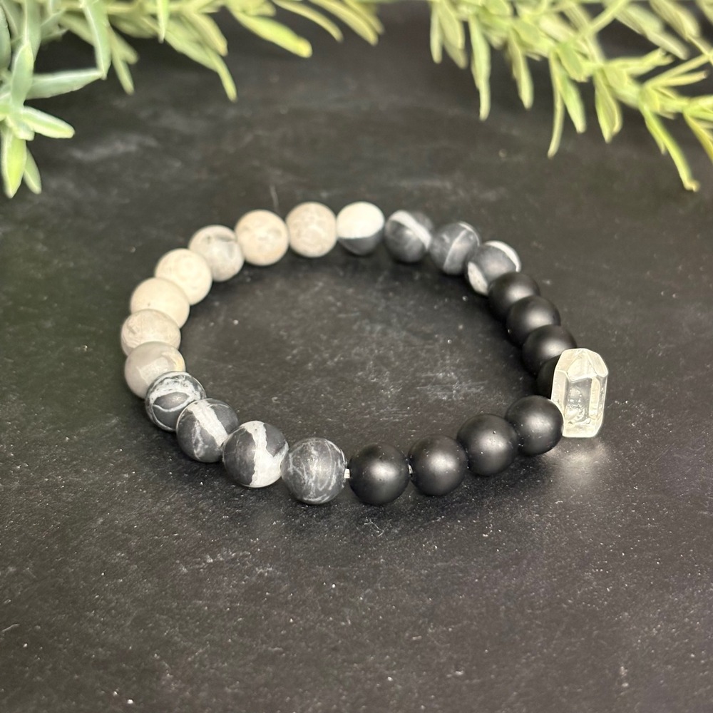 Clear Quartz Agate‎ Bracelet | Stretch Beaded | Black Gray Cream Stone | Crystal